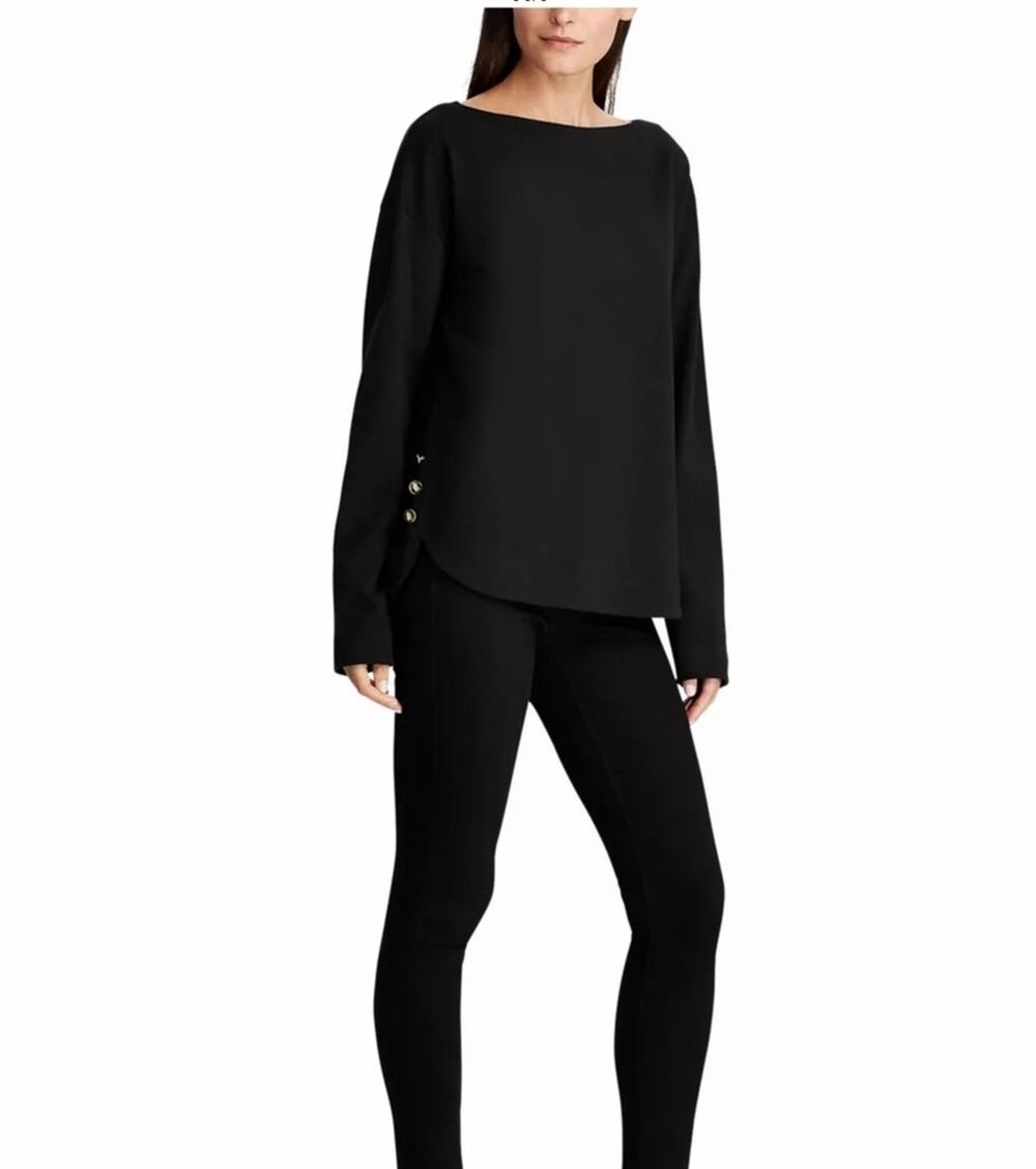 Ralph Lauren Black Long Sleeve "Atif" Boatneck Top w/ Gold Button Accents